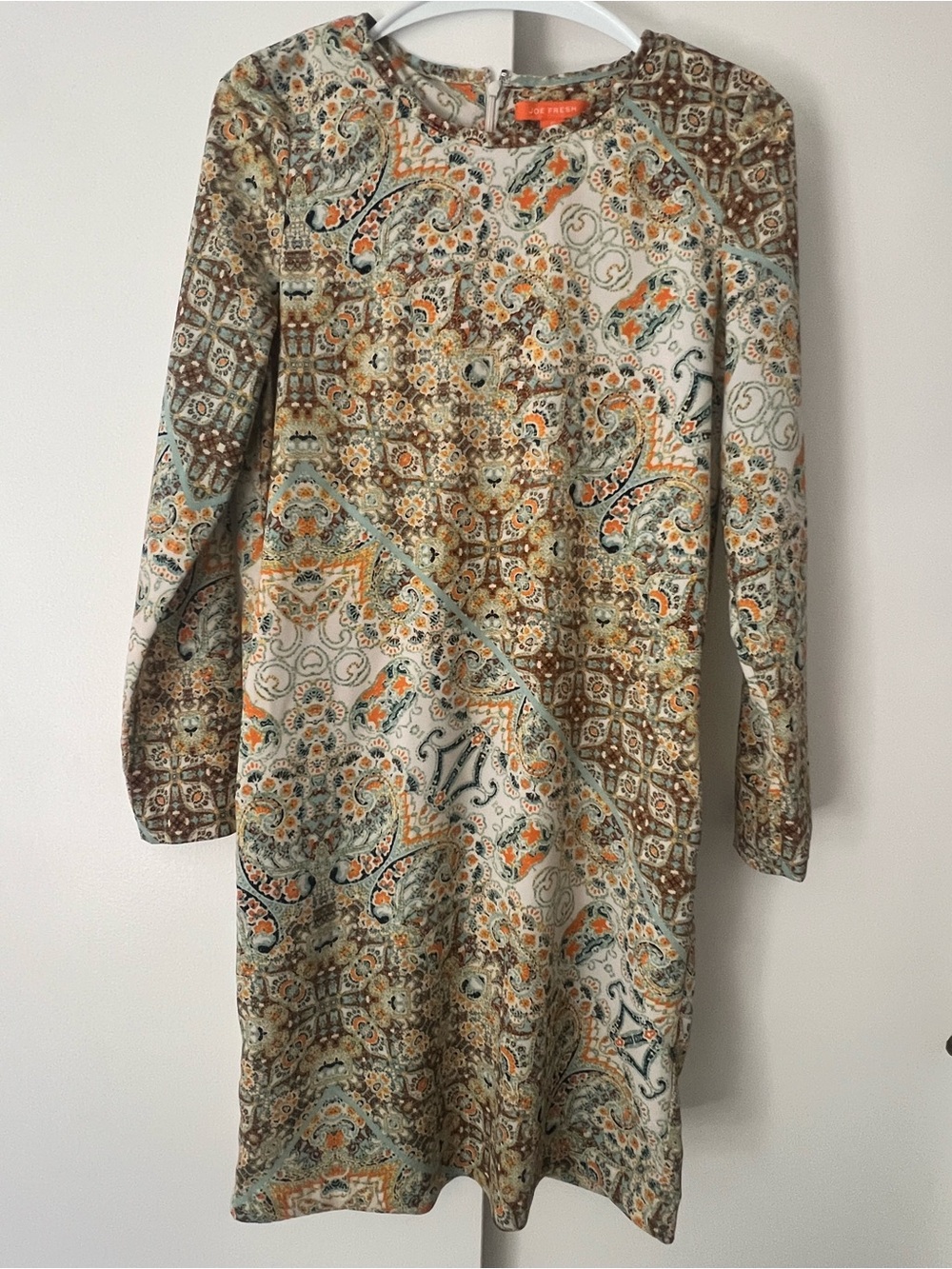 Joe Fresh Paisley Long-Sleeve Shift Dress in Cream and Orange
